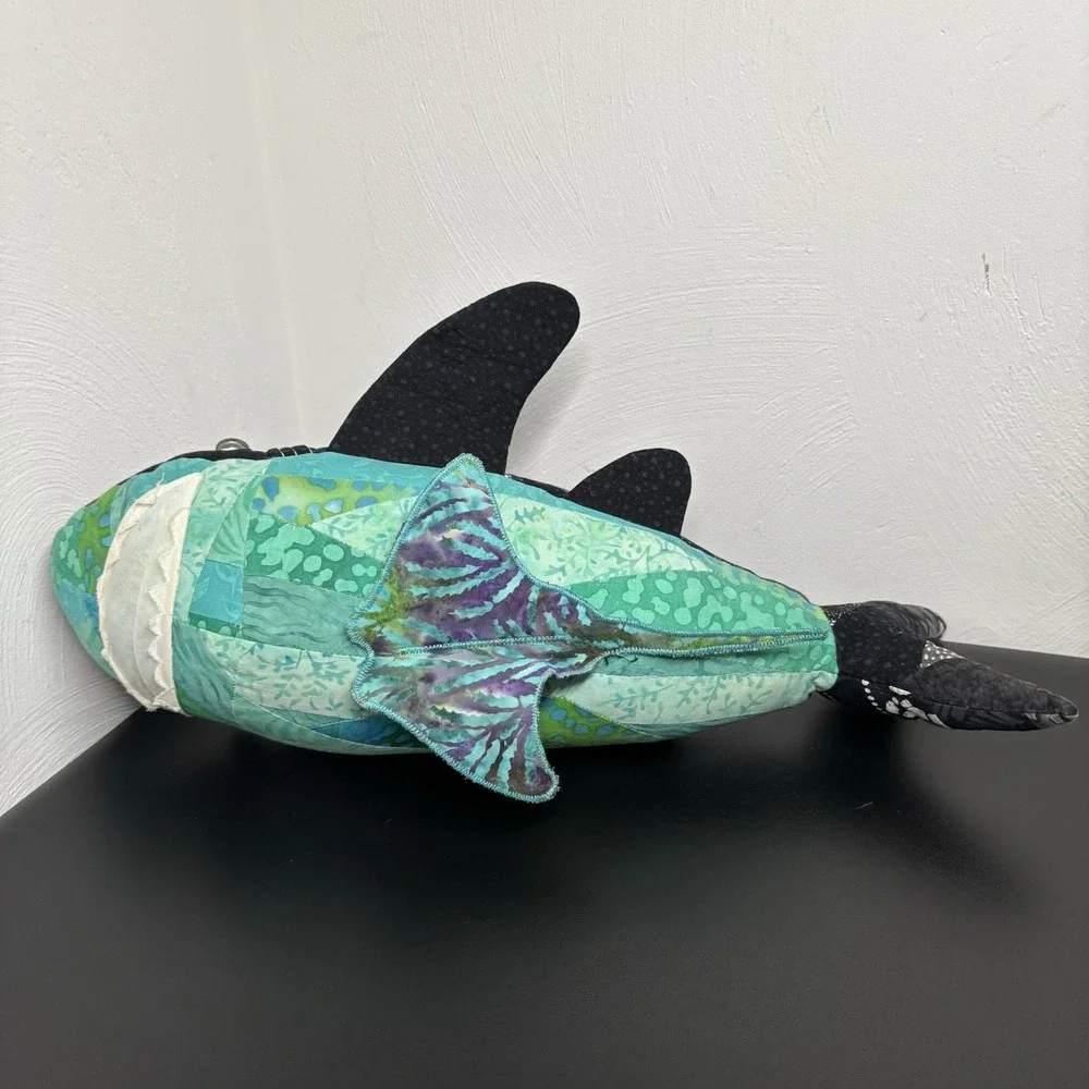 Handmade Fabric Shark Plush Collectible‎ Textile Abstract 16x8 Black Teal Art